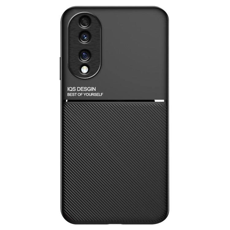 Cellphone Case for Honor 70 5G, Drop-proof Lines Imprinted PU Leather+TPU Hybrid Shell with Built-in Metal Sheet - Black