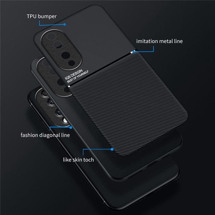 Cellphone Case for Honor 70 5G, Drop-proof Lines Imprinted PU Leather+TPU Hybrid Shell with Built-in Metal Sheet - Green