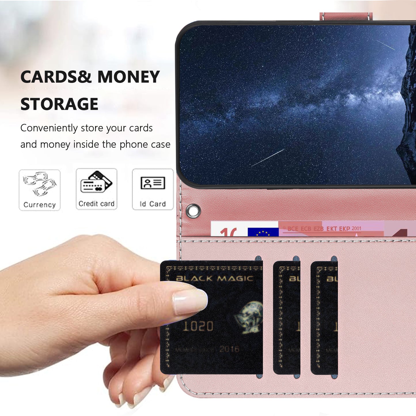 For iPhone 17 Pro Max Phone Cases Wallet Stand Color Splicing Leather Cover with Magnetic Clasp - Rose Gold