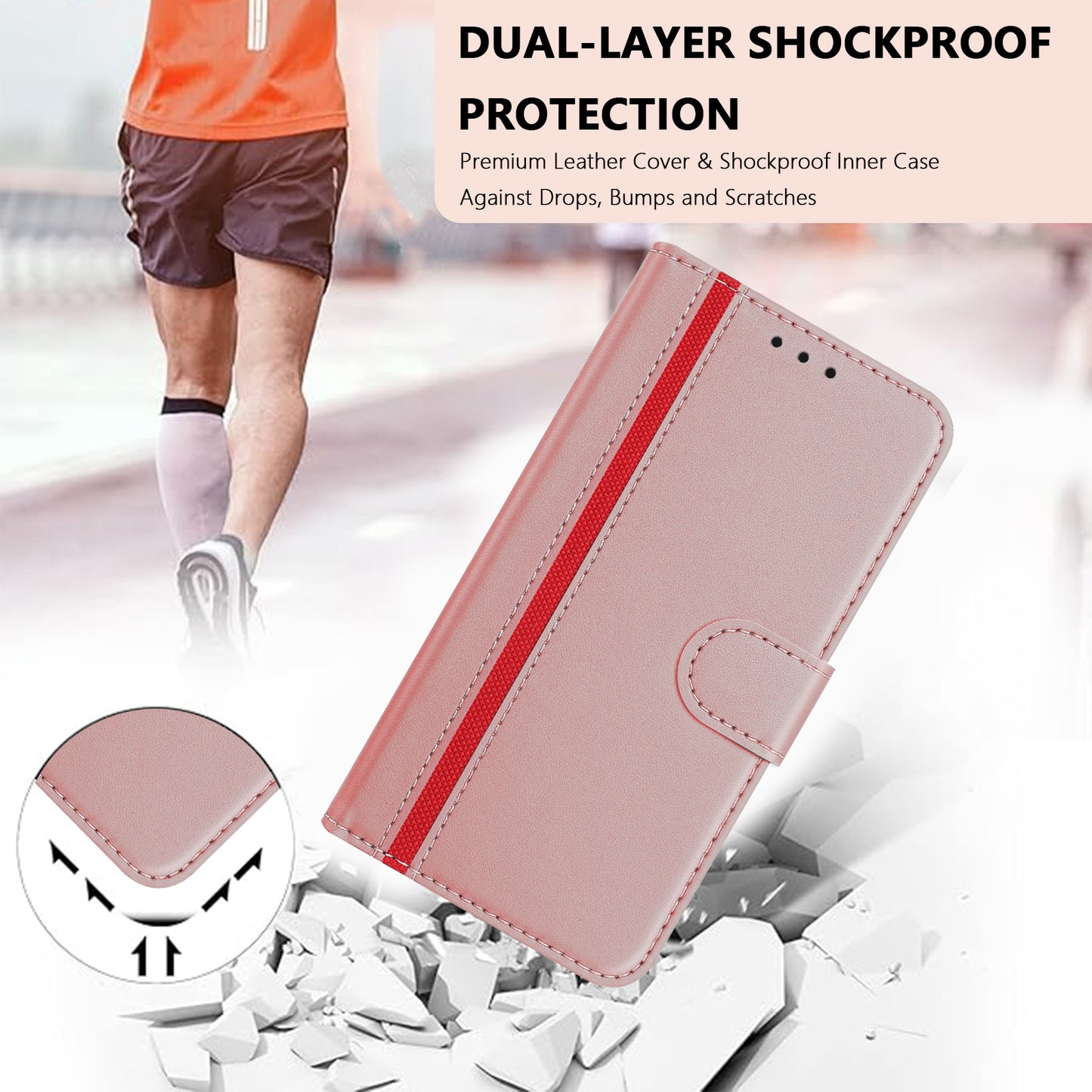 For iPhone 17 Pro Max Phone Cases Wallet Stand Color Splicing Leather Cover with Magnetic Clasp - Rose Gold