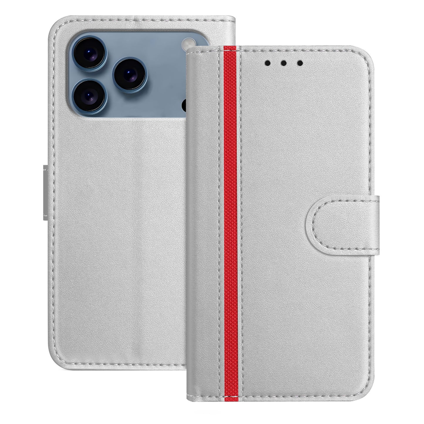 For iPhone 17 Pro Max Phone Cases Wallet Stand Color Splicing Leather Cover with Magnetic Clasp - Silver