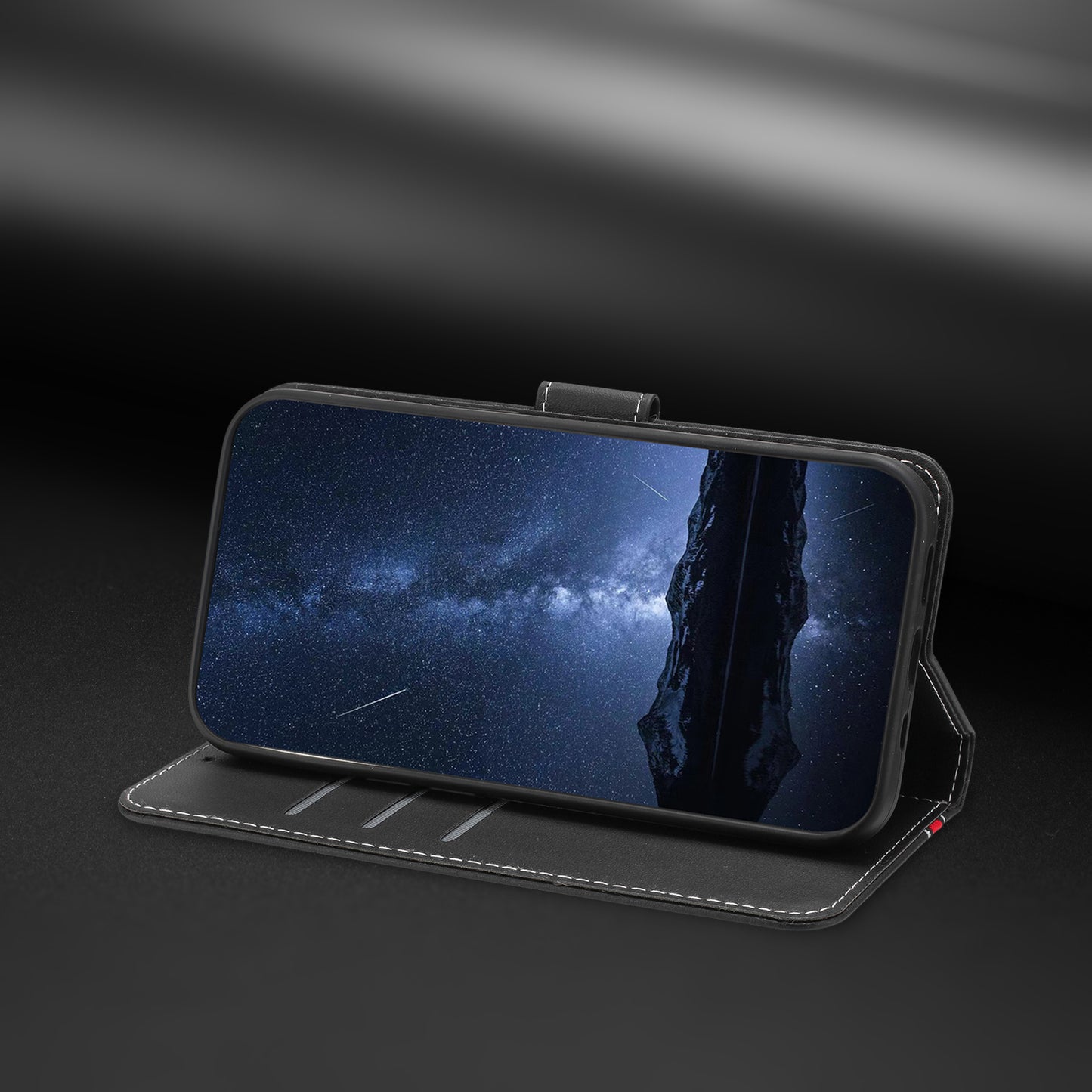 For iPhone 17 Pro Max Phone Cases Wallet Stand Color Splicing Leather Cover with Magnetic Clasp - Black