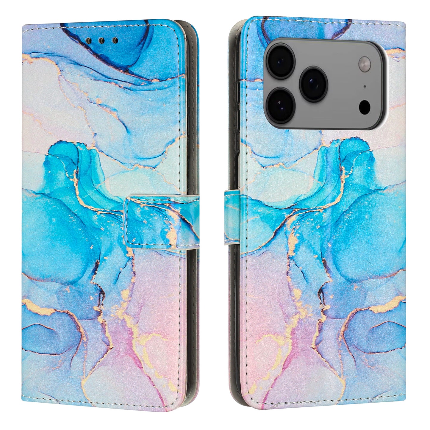 For iPhone 17 Pro Max Stand Case Marble Pattern PU Leather Wallet Phone Cover - Pink / Green