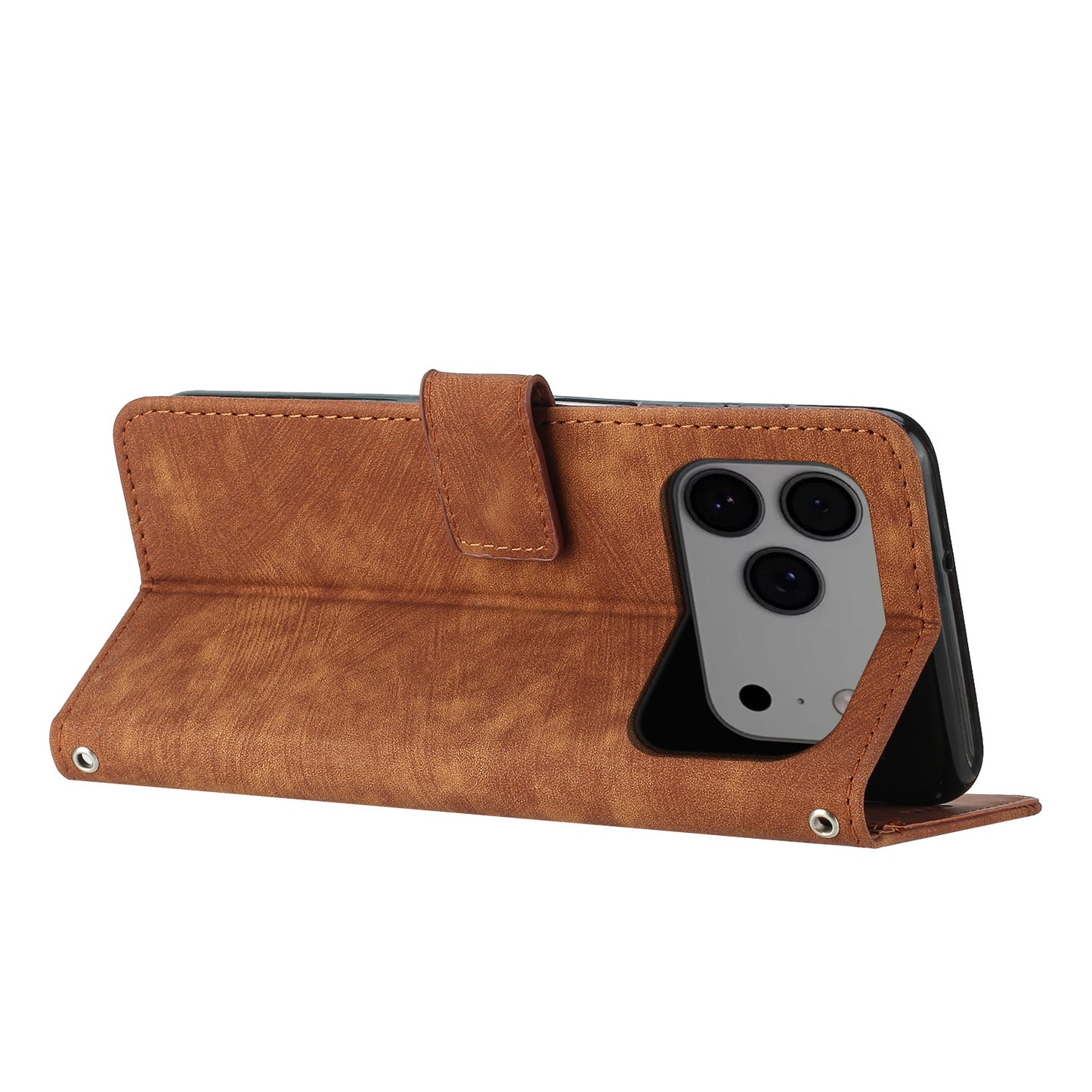 For iPhone 17 Pro Max Stand Case Imprinted Lines Leather Phone Cover - Brown