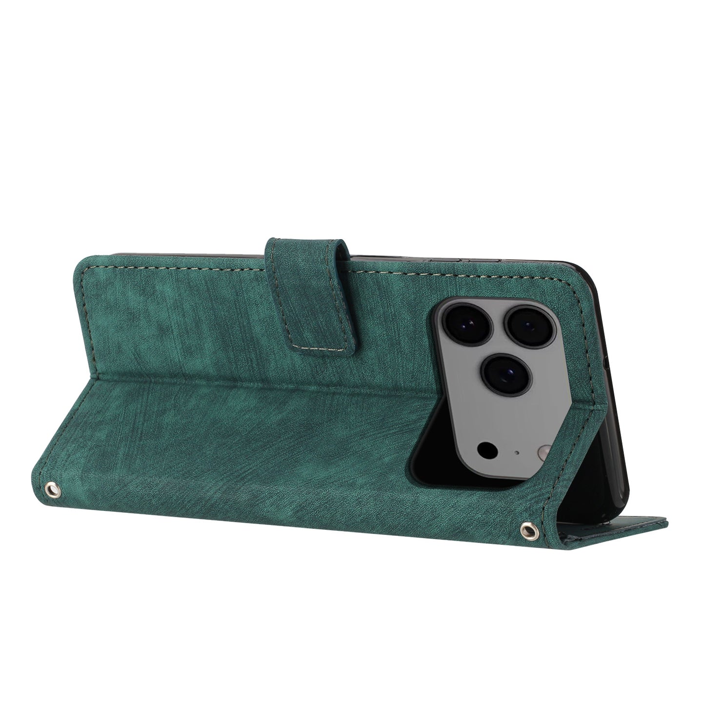 For iPhone 17 Pro Max Stand Case Imprinted Lines Leather Phone Cover - Green