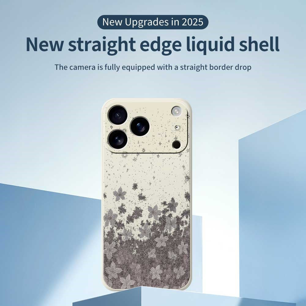 For iPhone 17 Pro Max Case Grey Flowers Pattern Printing Straight Edge TPU Phone Back Cover - Beige