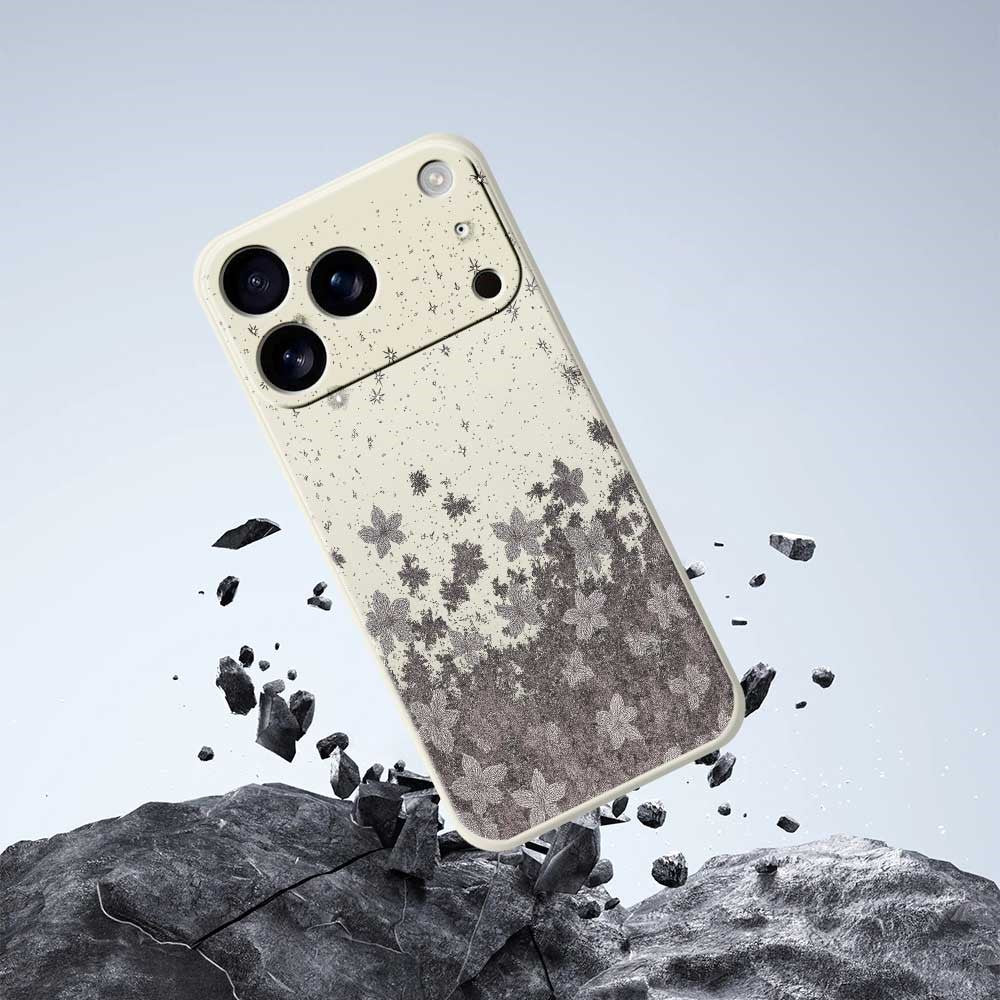 For iPhone 17 Pro Max Case Grey Flowers Pattern Printing Straight Edge TPU Phone Back Cover - Beige