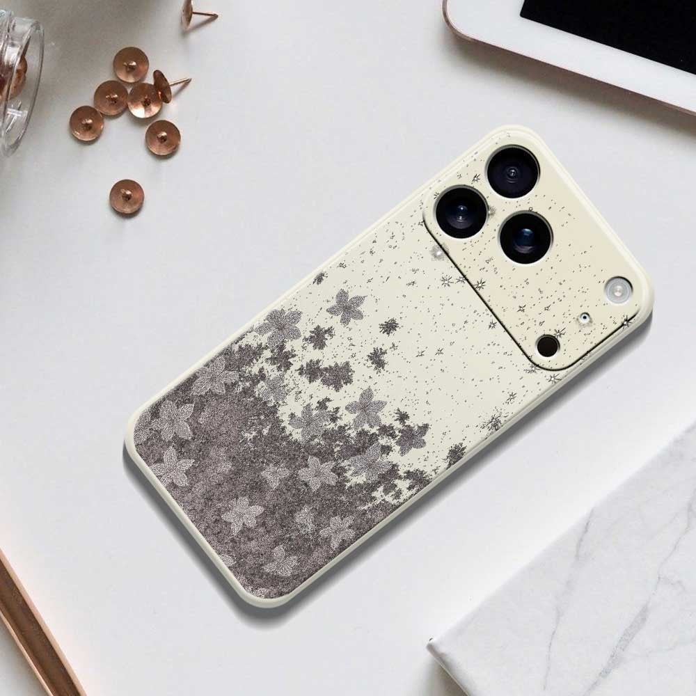 For iPhone 17 Pro Max Case Grey Flowers Pattern Printing Straight Edge TPU Phone Back Cover - Beige