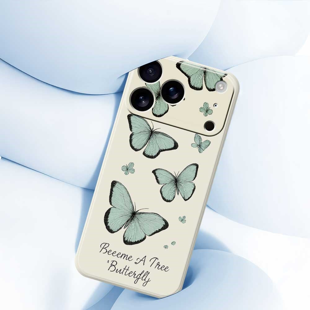 For iPhone 17 Pro Max Case Green Butterfly Pattern Printing Straight Edge TPU Phone Back Cover - Beige