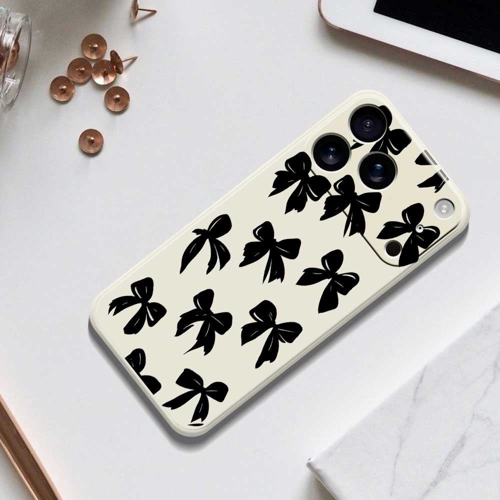 For iPhone 17 Pro Max Case Black Bow Pattern Printing Straight Edge TPU Phone Back Cover - Beige