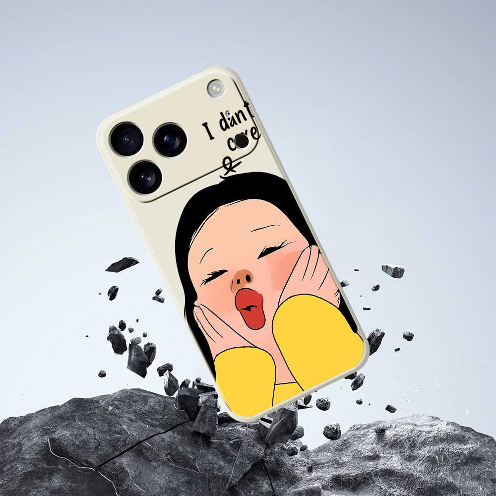 For iPhone 17 Pro Max Case Girl Holding Face Pattern Printing Straight Edge TPU Phone Back Cover - Beige