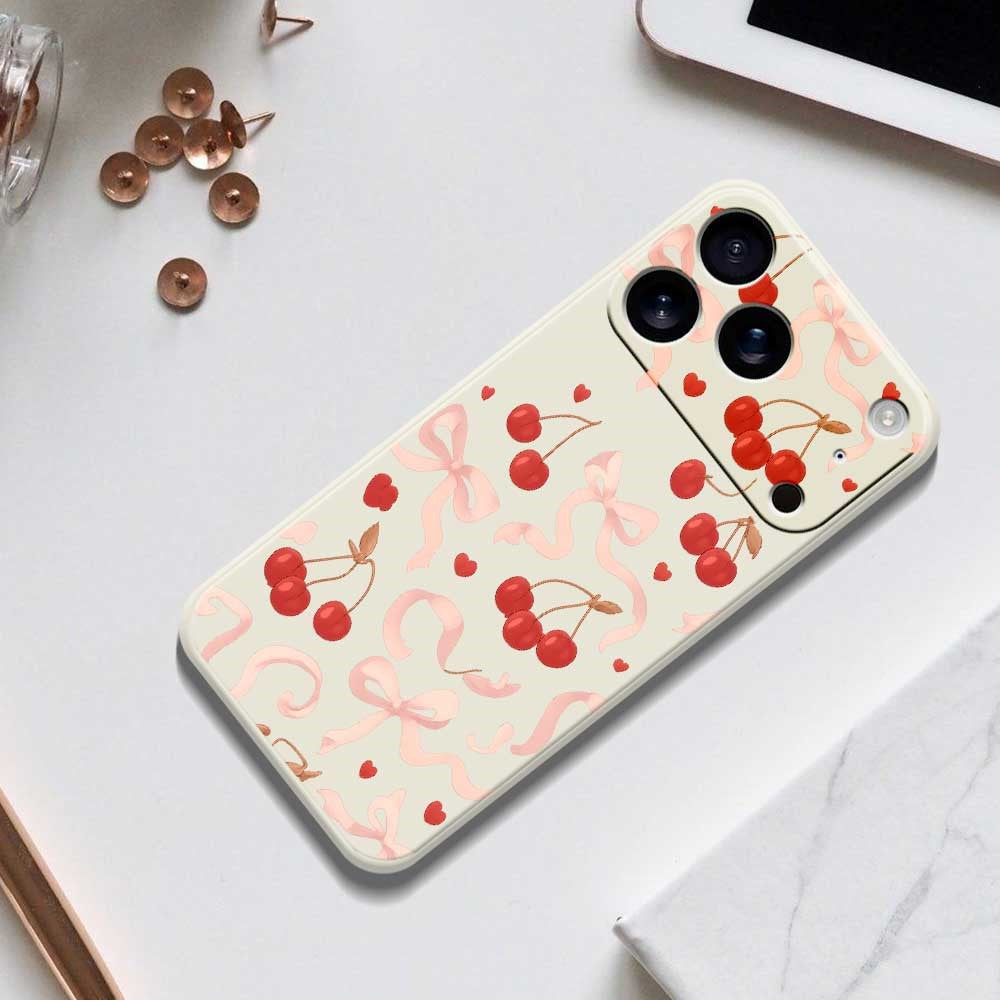 For iPhone 17 Pro Max Case Big Bow Cherry Pattern Printing Straight Edge TPU Phone Back Cover - Beige