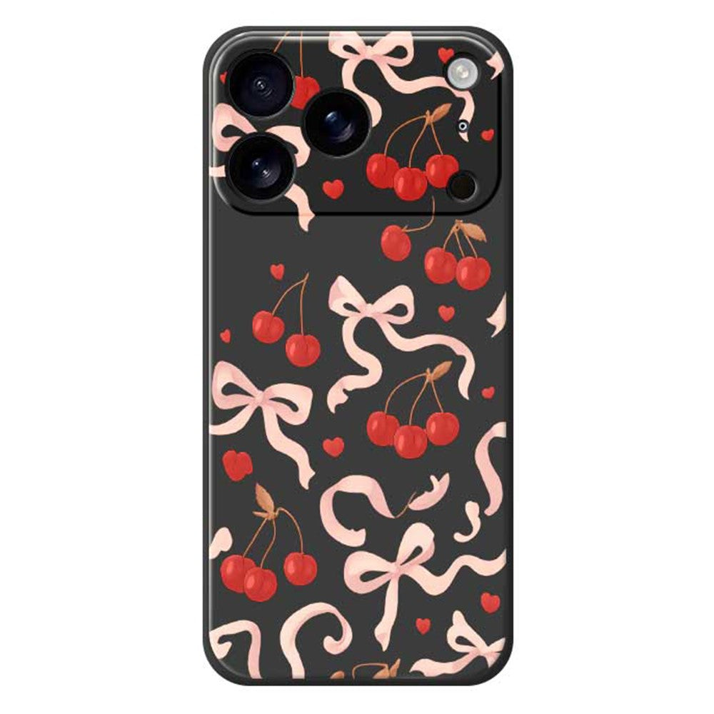 For iPhone 17 Pro Max Case Big Bow Cherry Pattern Printing Straight Edge TPU Phone Back Cover - Black