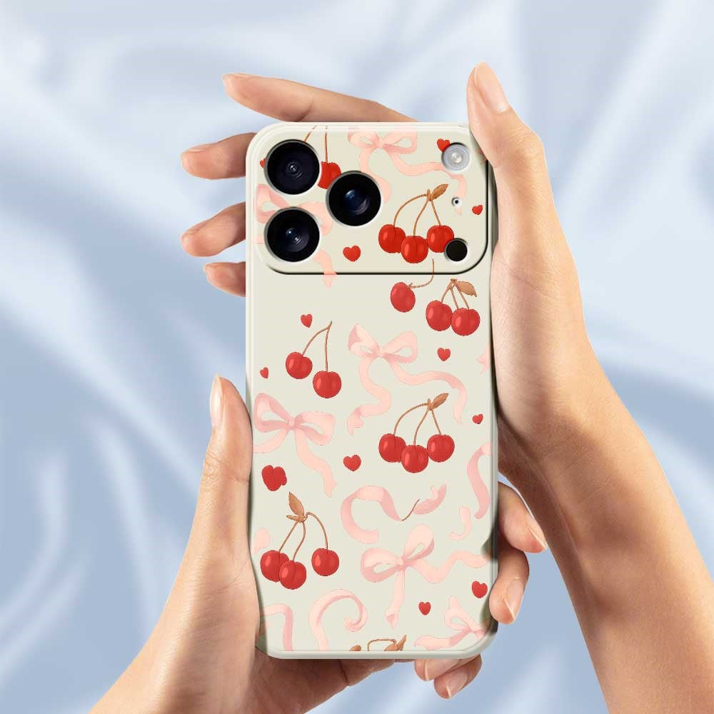 For iPhone 17 Pro Max Case Big Bow Cherry Pattern Printing Straight Edge TPU Phone Back Cover - Black