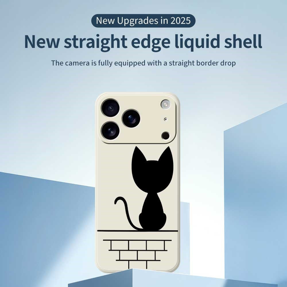 For iPhone 17 Pro Max Case Black Cat on the Wall Pattern Printing Straight Edge TPU Phone Back Cover - Beige