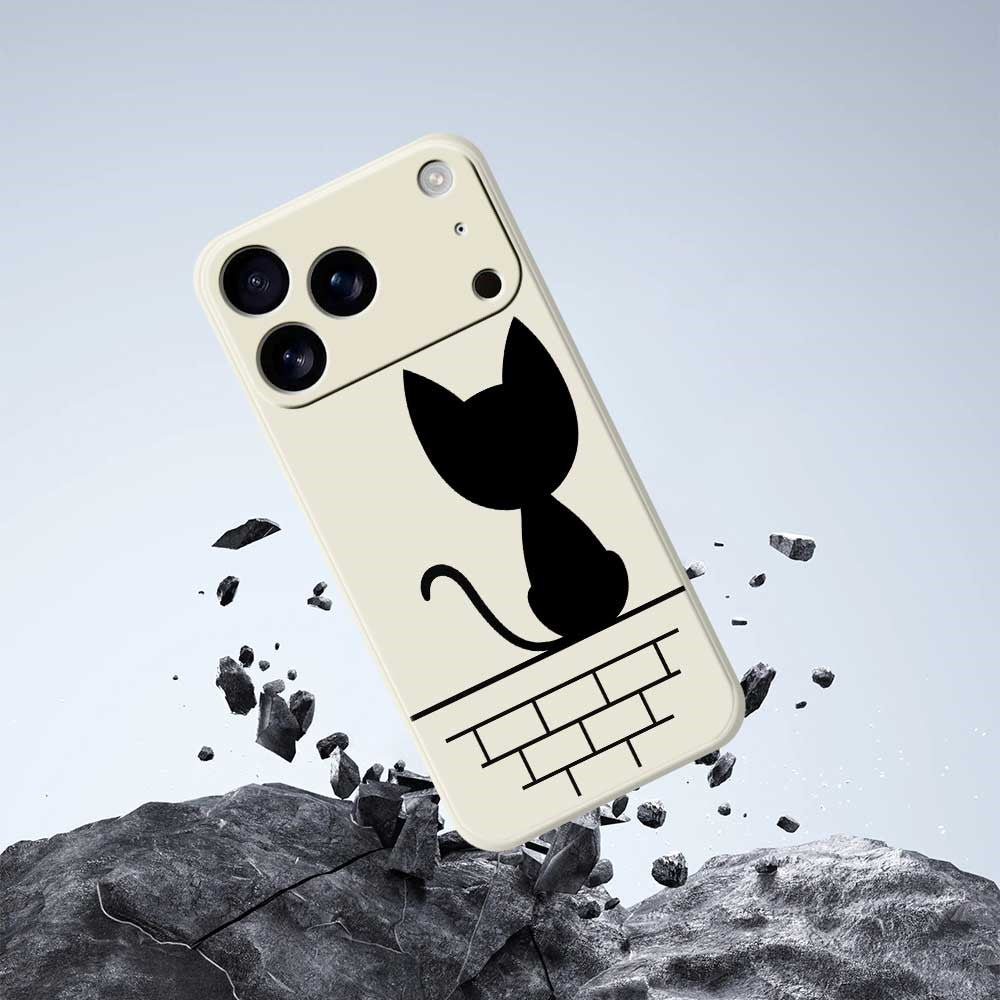 For iPhone 17 Pro Max Case Black Cat on the Wall Pattern Printing Straight Edge TPU Phone Back Cover - Beige