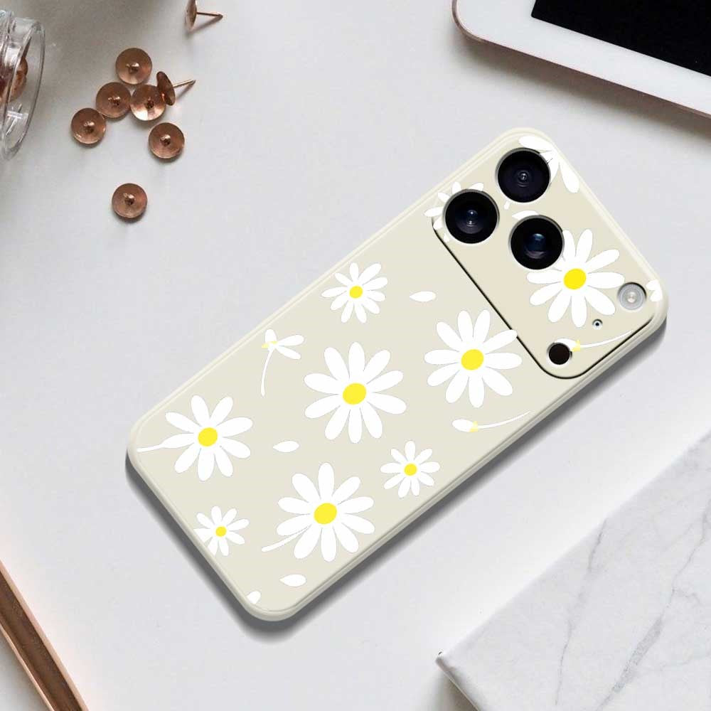 For iPhone 17 Pro Max Case White Daisy Pattern Printing Straight Edge TPU Phone Back Cover - Black