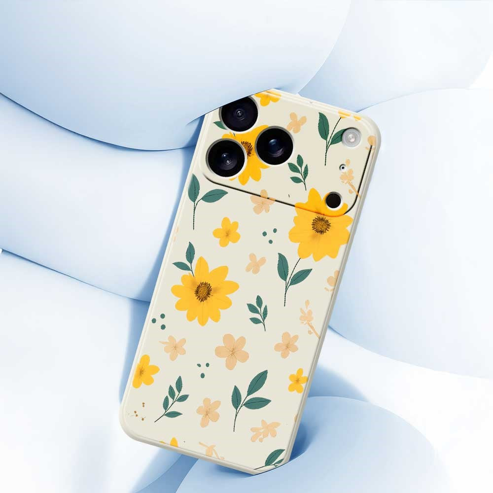 For iPhone 17 Pro Max Case Yellow Floral and Leaves Pattern Printing Straight Edge TPU Phone Back Cover - Green