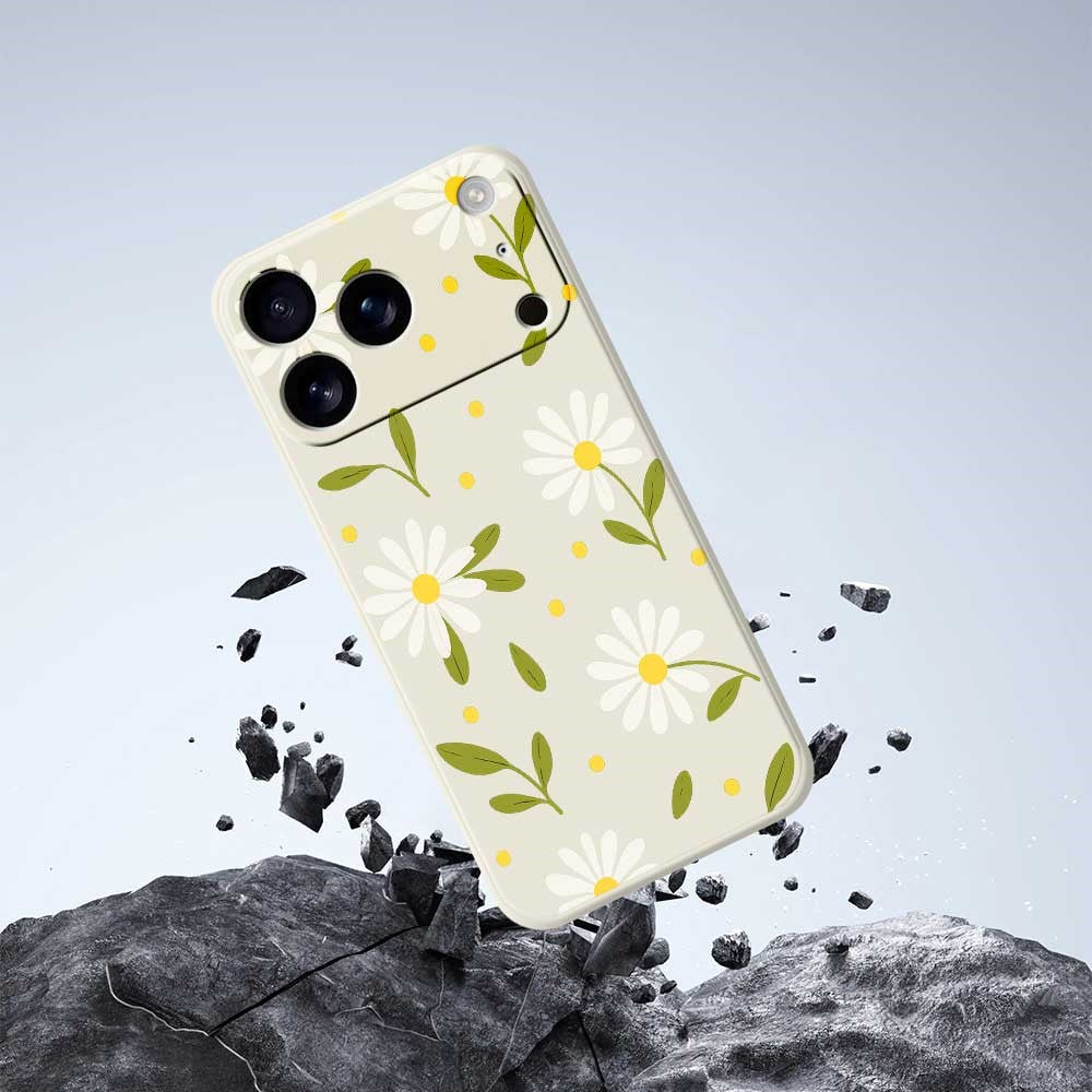 For iPhone 17 Pro Max Case White Flowers Green Leaves Pattern Printing Straight Edge TPU Phone Back Cover - Green