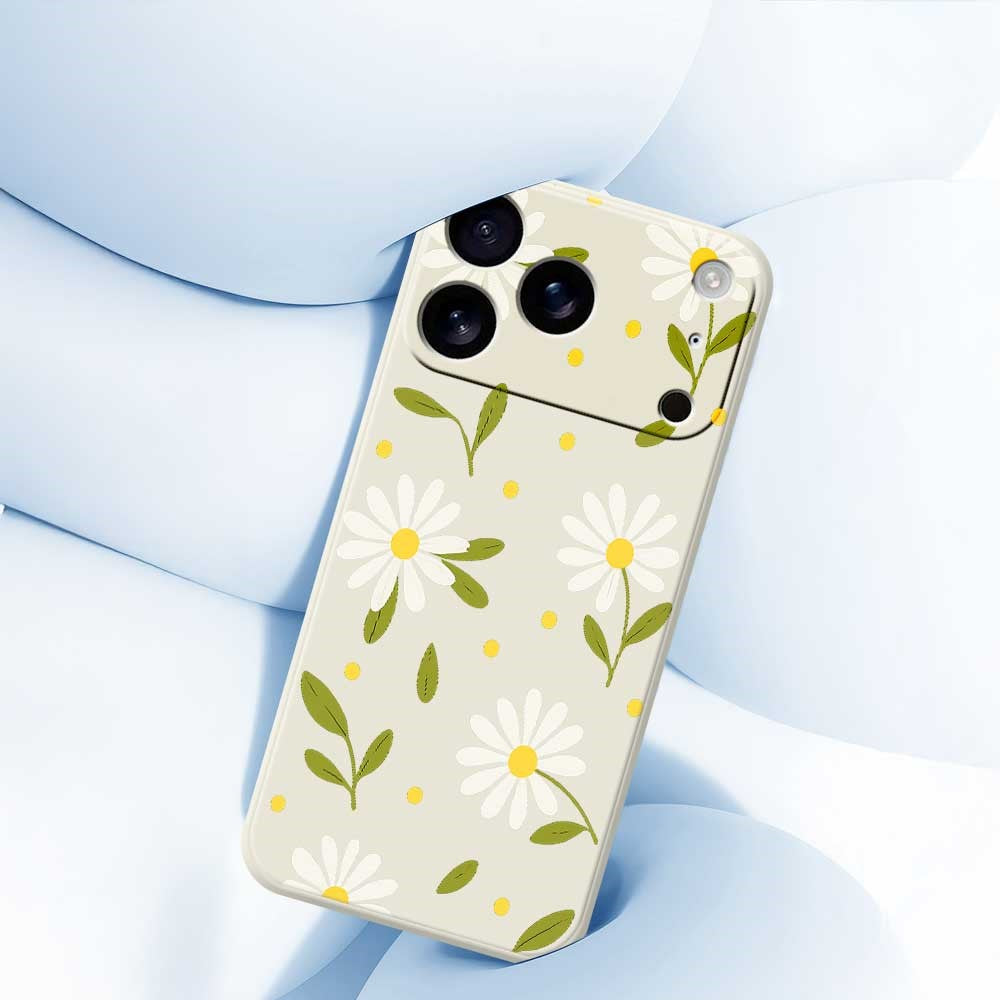 For iPhone 17 Pro Max Case White Flowers Green Leaves Pattern Printing Straight Edge TPU Phone Back Cover - Purple