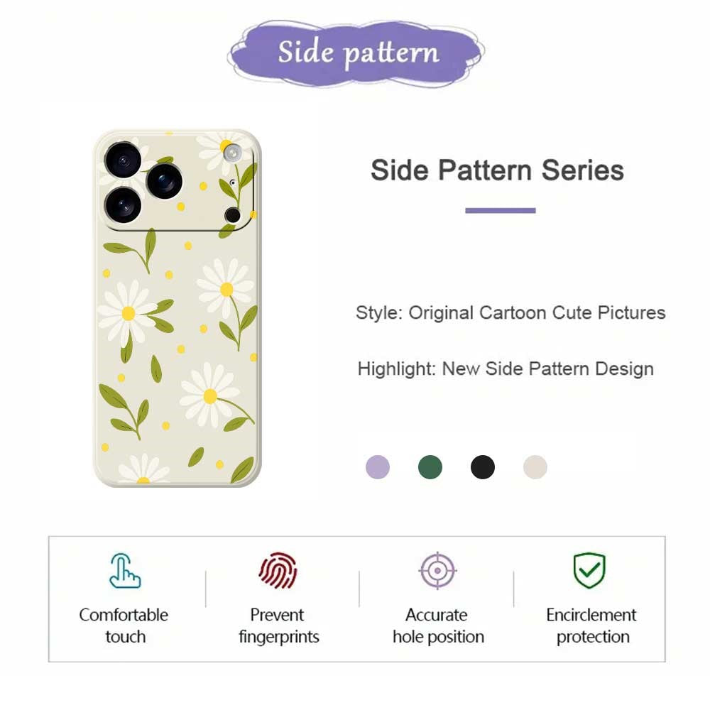 For iPhone 17 Pro Max Case White Flowers Green Leaves Pattern Printing Straight Edge TPU Phone Back Cover - Black