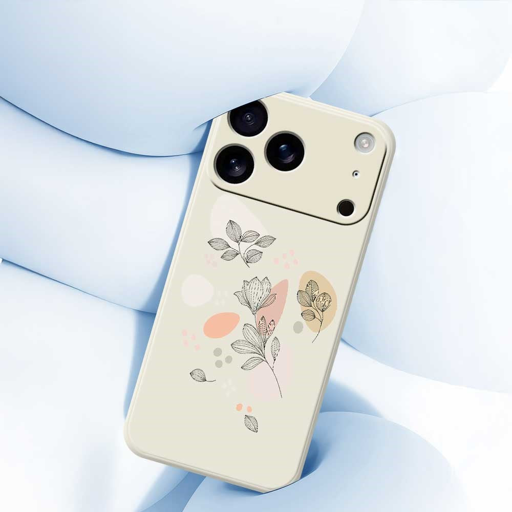 For iPhone 17 Pro Max Case Sketch Leaves Pattern Printing Straight Edge TPU Phone Back Cover - Beige