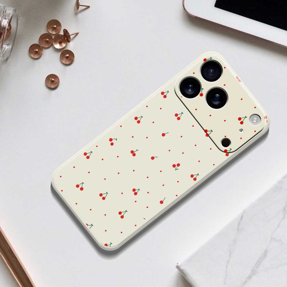 For iPhone 17 Pro Max Case Red Cherry Pattern Printing Straight Edge TPU Phone Back Cover - Beige