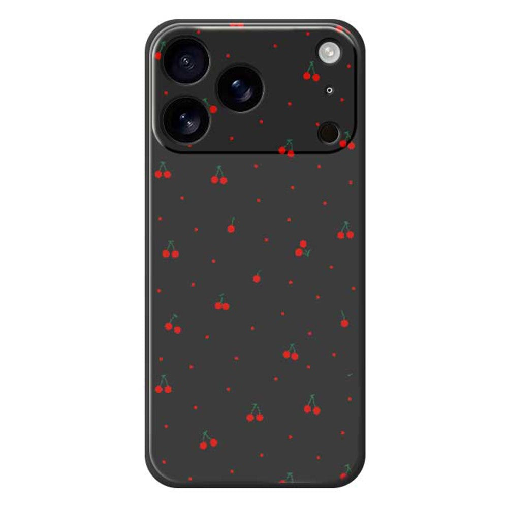 For iPhone 17 Pro Max Case Red Cherry Pattern Printing Straight Edge TPU Phone Back Cover - Black