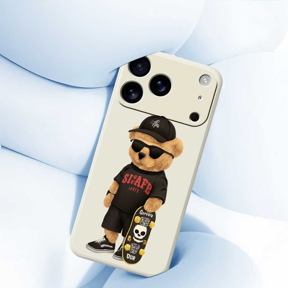 For iPhone 17 Pro Max Case Cool Bear Pattern Printing Straight Edge TPU Phone Back Cover - Beige