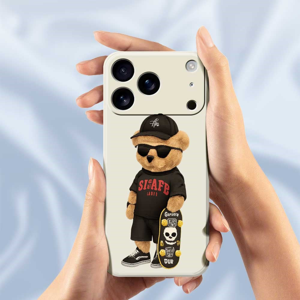 For iPhone 17 Pro Max Case Cool Bear Pattern Printing Straight Edge TPU Phone Back Cover - Beige