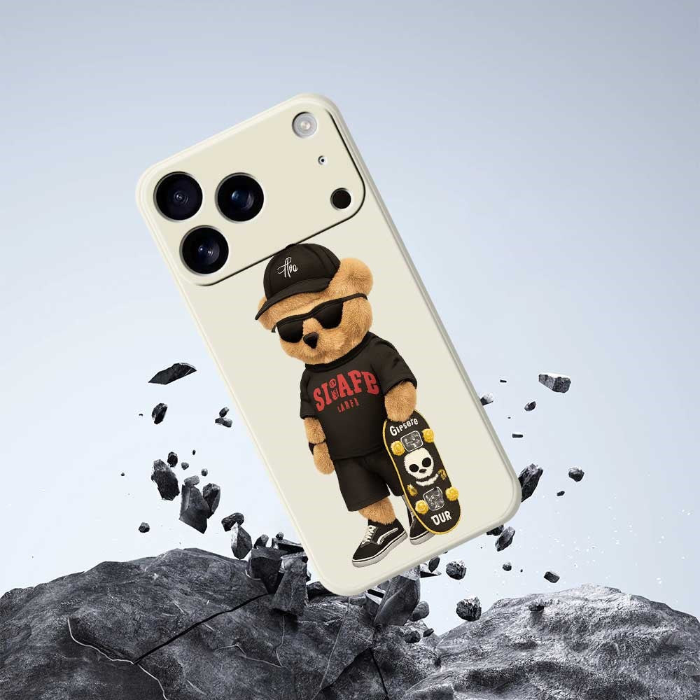 For iPhone 17 Pro Max Case Cool Bear Pattern Printing Straight Edge TPU Phone Back Cover - Beige