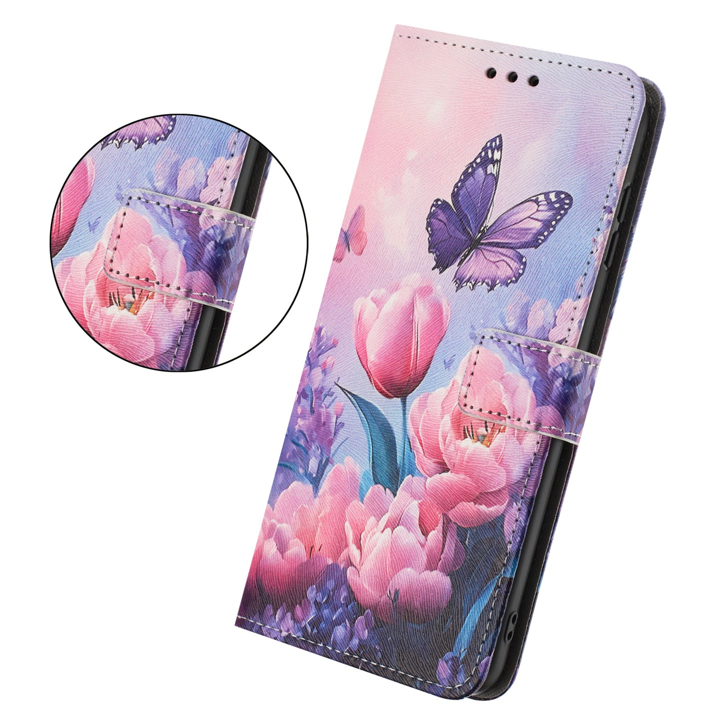 For iPhone 17 Pro Max Wallet Case Pattern Printing PU Leather Phone Cover with Lanyard - Pink Flower Butterfly