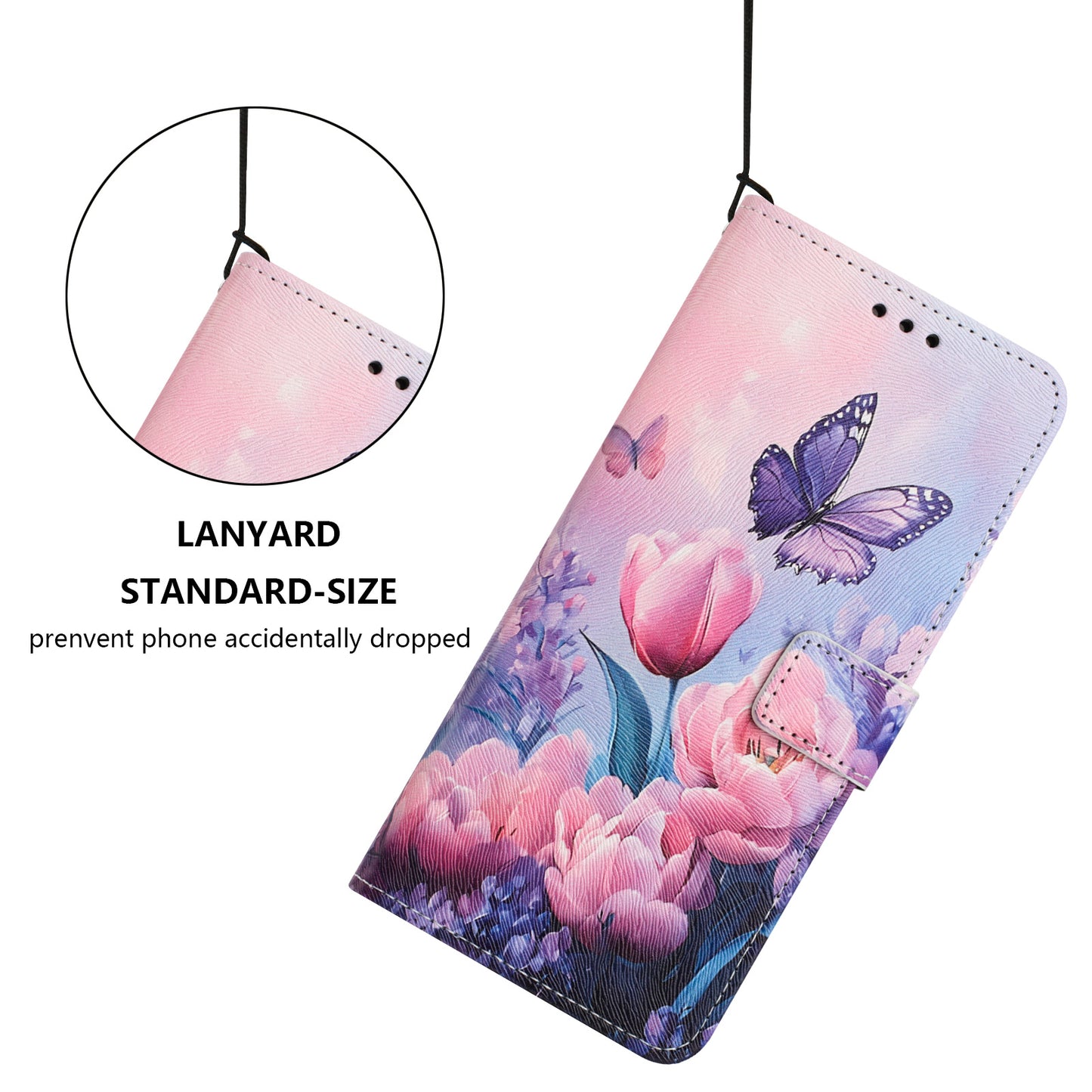 For iPhone 17 Pro Max Wallet Case Pattern Printing PU Leather Phone Cover with Lanyard - Pink Flower Butterfly