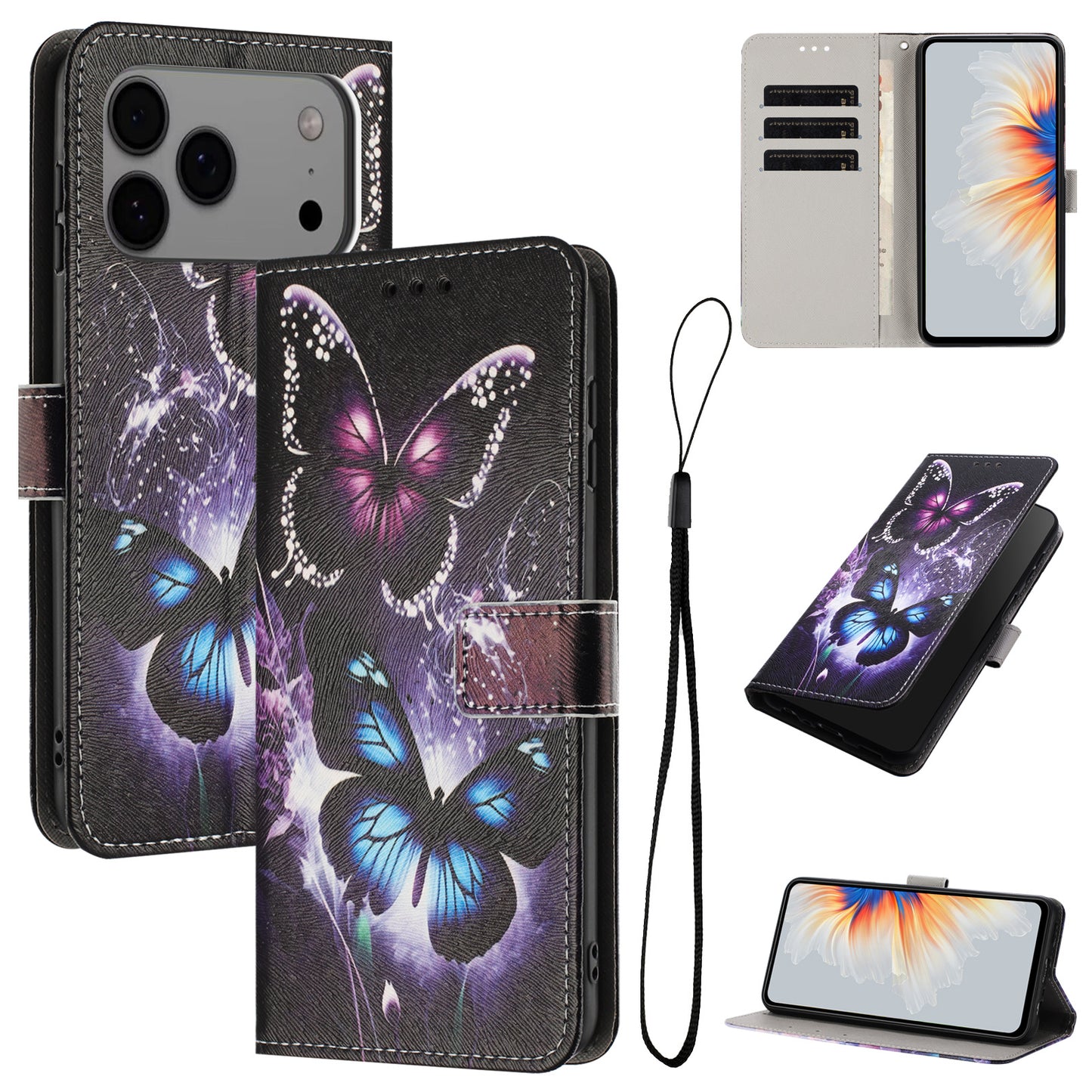 For iPhone 17 Pro Max Wallet Case Pattern Printing PU Leather Phone Cover with Lanyard - Two Butterflies