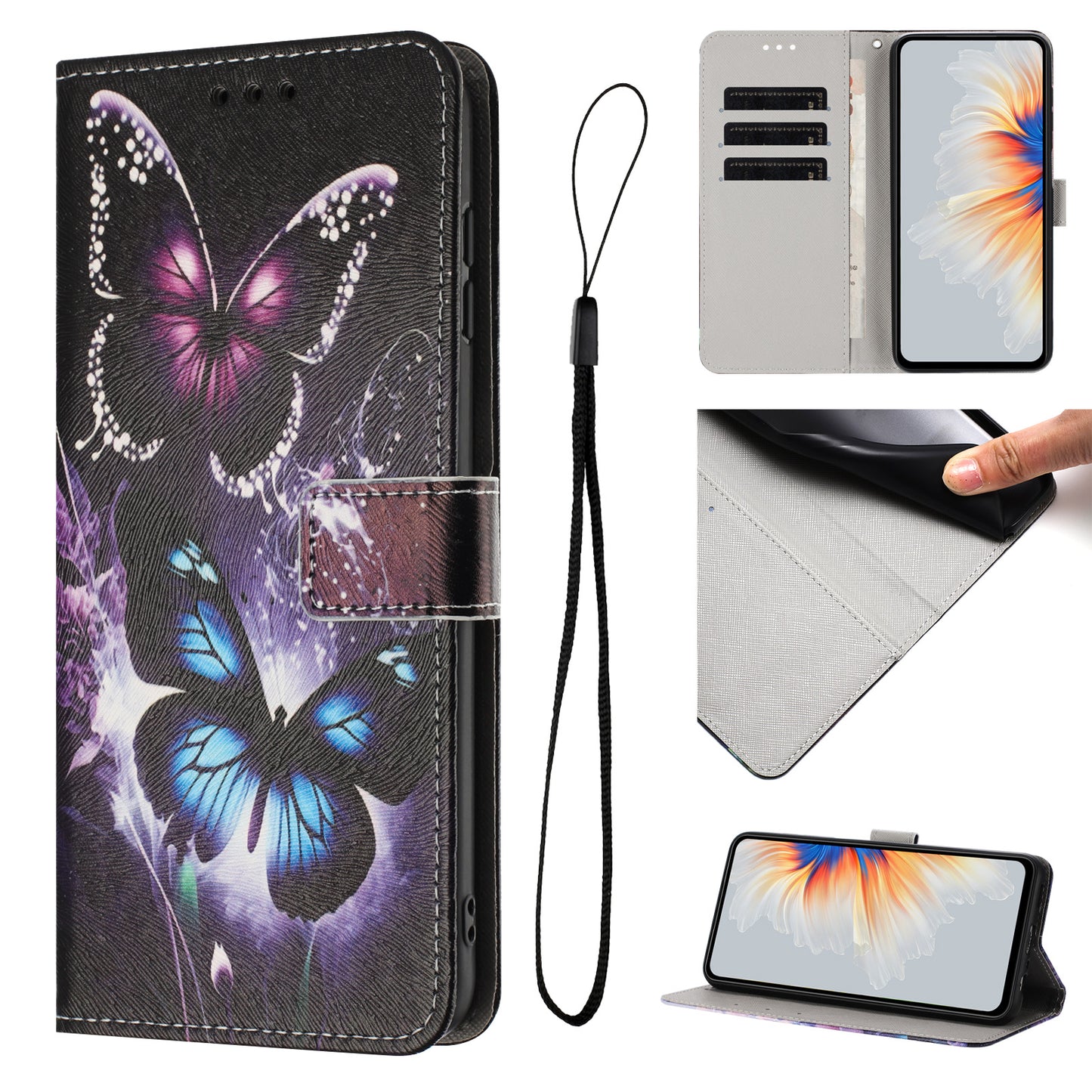 For iPhone 17 Pro Max Wallet Case Pattern Printing PU Leather Phone Cover with Lanyard - Two Butterflies