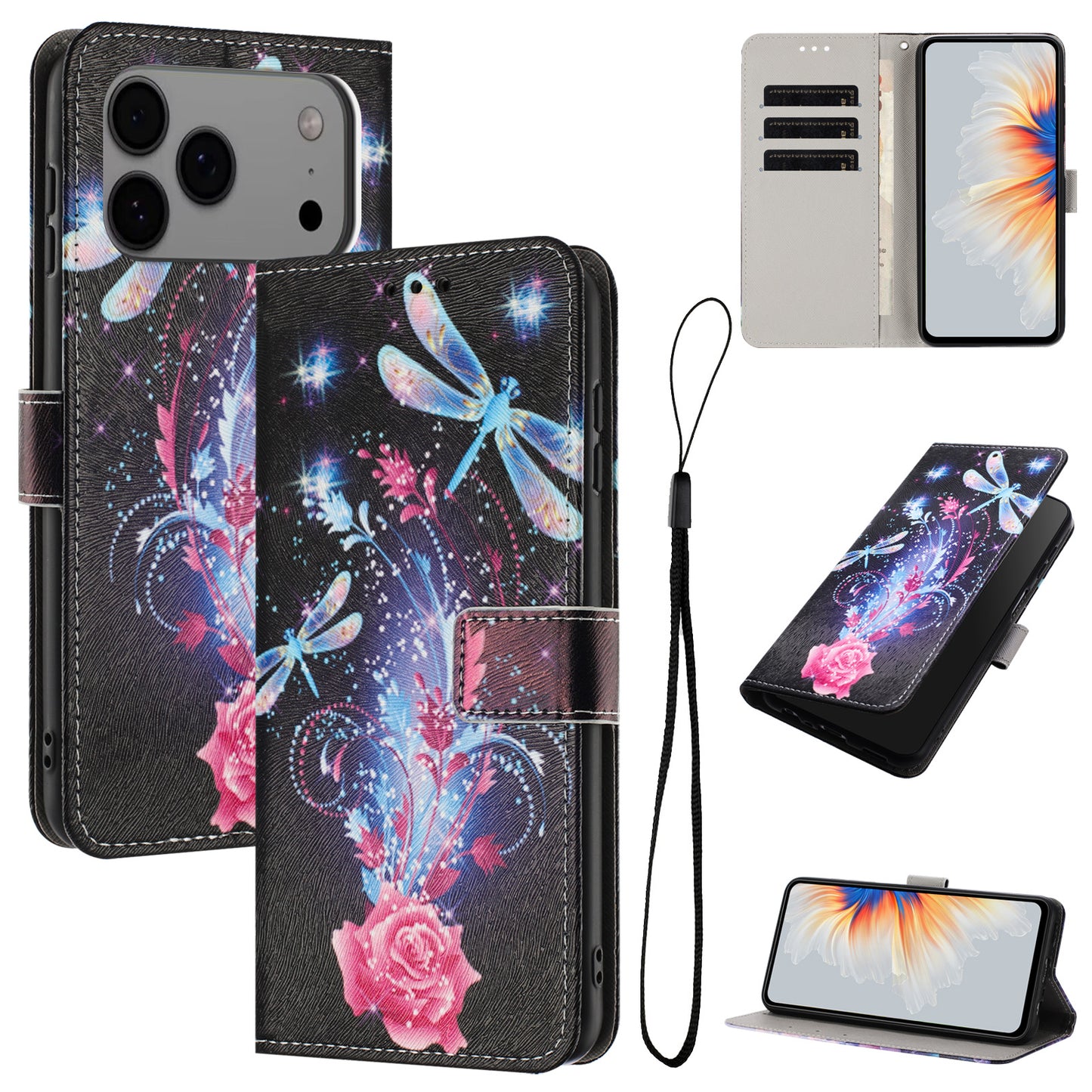 For iPhone 17 Pro Max Wallet Case Pattern Printing PU Leather Phone Cover with Lanyard - Dragonfly