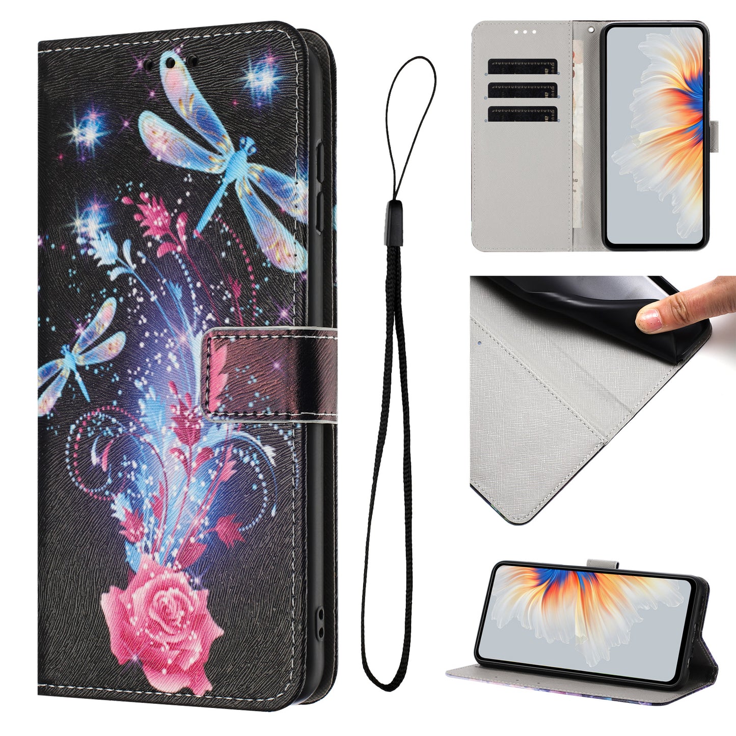 For iPhone 17 Pro Max Wallet Case Pattern Printing PU Leather Phone Cover with Lanyard - Dragonfly