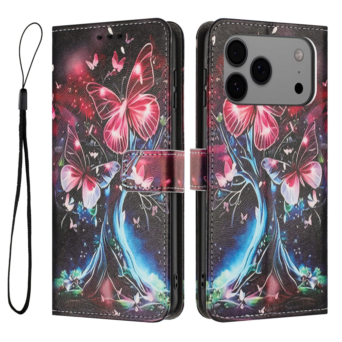 For iPhone 17 Pro Max Wallet Case Pattern Printing PU Leather Phone Cover with Lanyard - Butterfly Tree