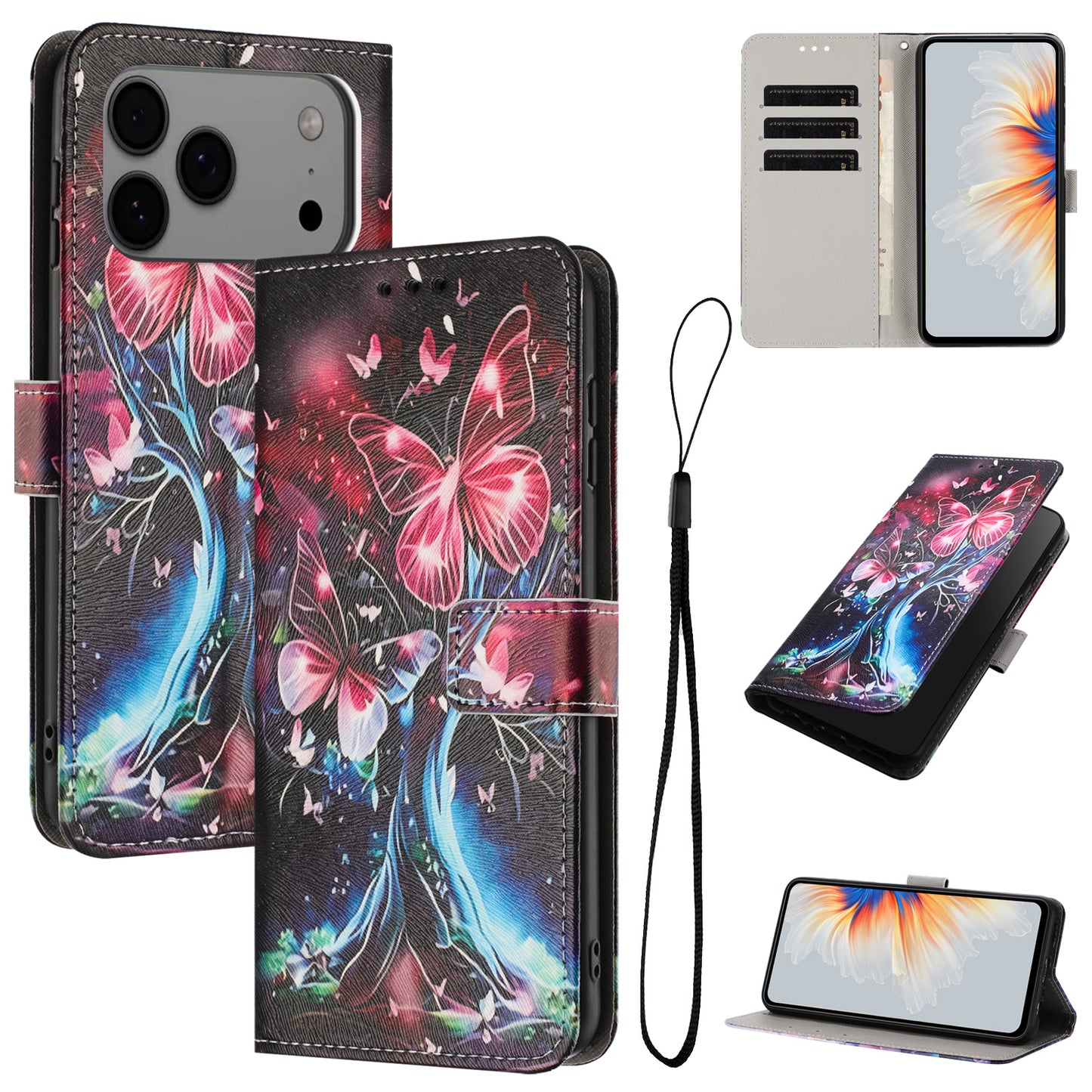 For iPhone 17 Pro Max Wallet Case Pattern Printing PU Leather Phone Cover with Lanyard - Butterfly Tree