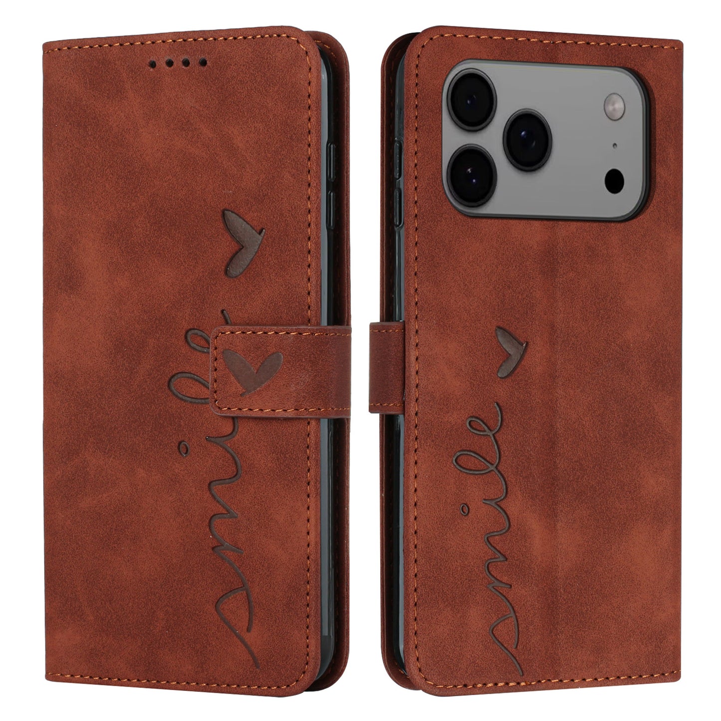 For iPhone 17 Pro Max Stand Case PU Leather Phone Cover Imprinted Heart Pattern - Brown