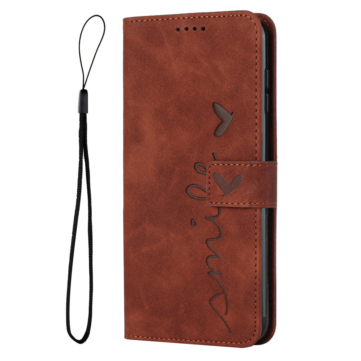 For iPhone 17 Pro Max Stand Case PU Leather Phone Cover Imprinted Heart Pattern - Brown