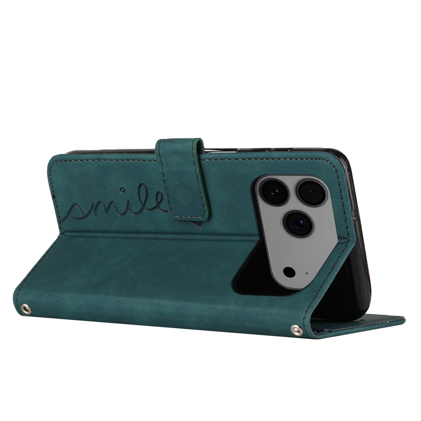 For iPhone 17 Pro Max Stand Case PU Leather Phone Cover Imprinted Heart Pattern - Green