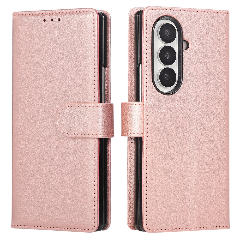 For Samsung Galaxy Z Fold7 5G Case Wallet Stand PU Leather Phone Cover with Wrist Strap - Rose Gold