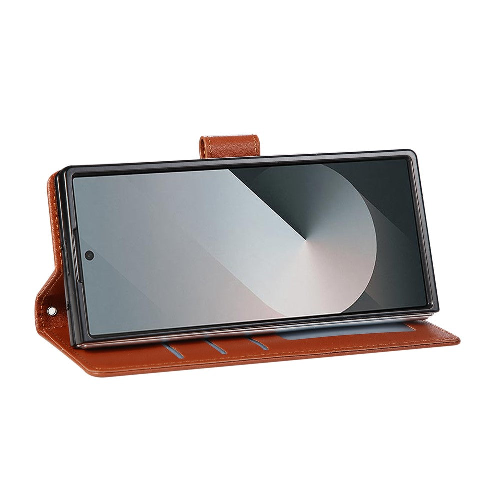 For Samsung Galaxy Z Fold7 5G Case Wallet Stand PU Leather Phone Cover with Wrist Strap - Brown
