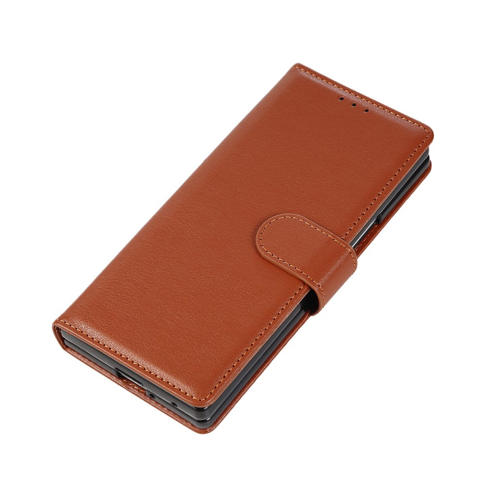 For Samsung Galaxy Z Fold7 5G Case Wallet Stand PU Leather Phone Cover with Wrist Strap - Brown