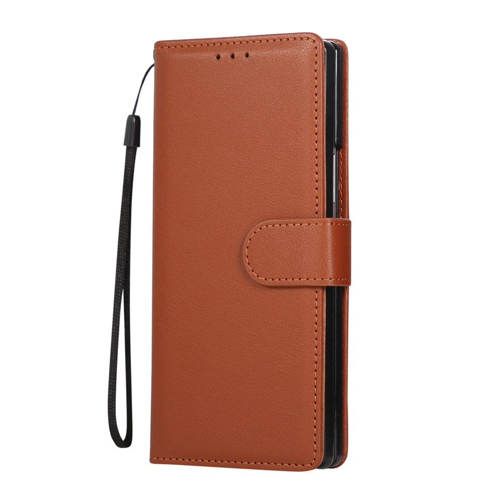 For Samsung Galaxy Z Fold7 5G Case Wallet Stand PU Leather Phone Cover with Wrist Strap - Brown