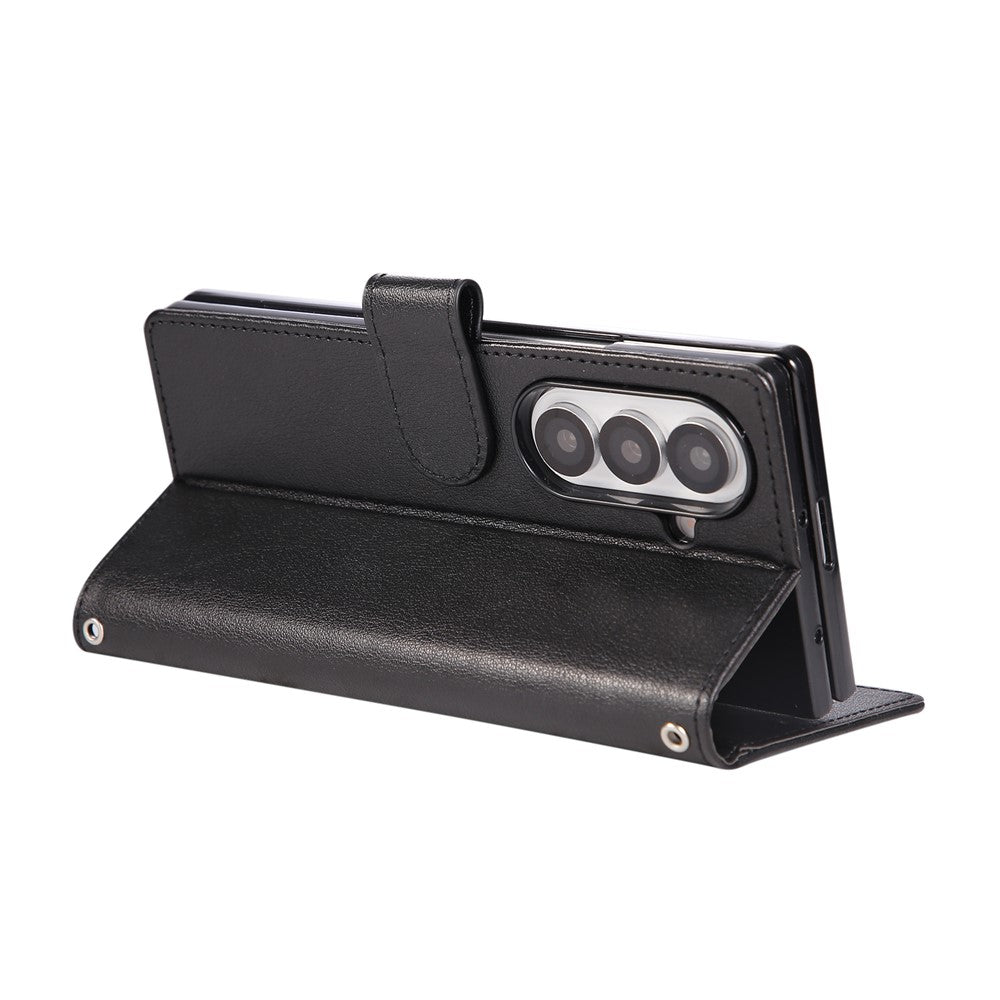 For Samsung Galaxy Z Fold7 5G Case Wallet Stand PU Leather Phone Cover with Wrist Strap - Black