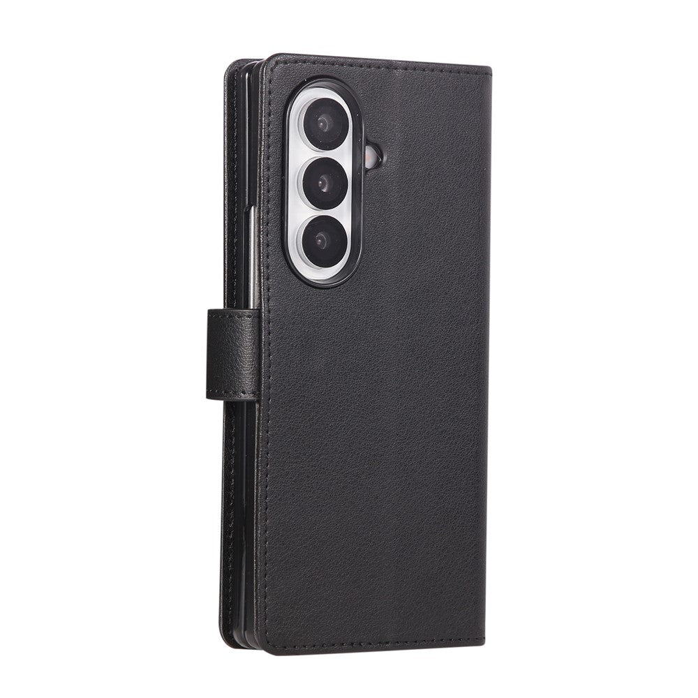 For Samsung Galaxy Z Fold7 5G Case Wallet Stand PU Leather Phone Cover with Wrist Strap - Black