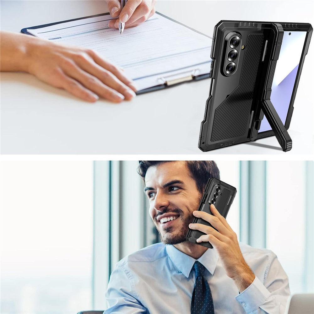 For Samsung Galaxy Z Fold7 5G Case Aluminium Alloy + Silicone Kickstand Cover with PET Screen Film - Black