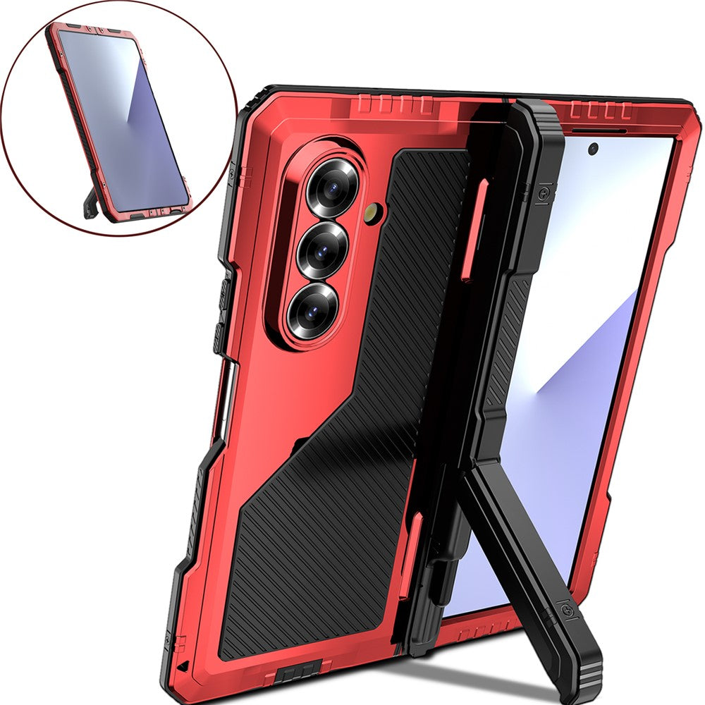 For Samsung Galaxy Z Fold7 5G Case Aluminium Alloy + Silicone Kickstand Cover with PET Screen Film - Red